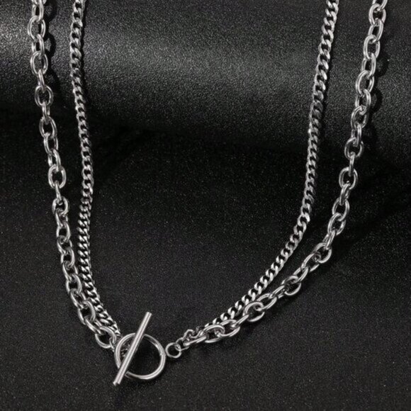 Sterling Silver 925 Double Chain Toggle Necklace - Picture 4 of 4